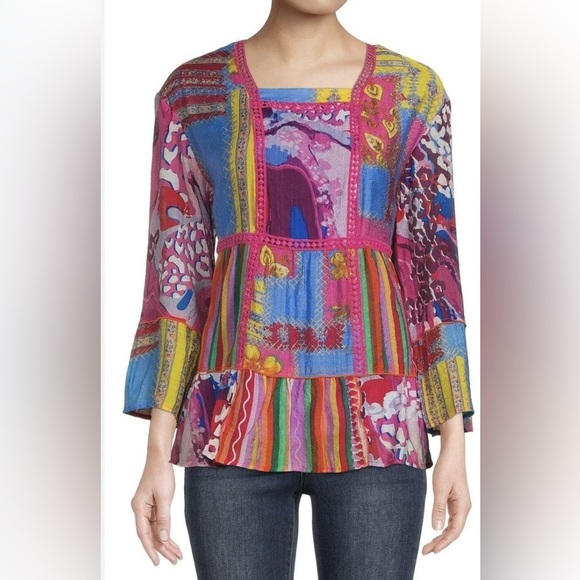 Calessa Fiesta Patchwork Print Boho Hippie Festival Square Neck Top Sz SMALL - Picture 2 of 11